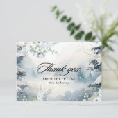 雪の愛に満ちたダスティーブルー冬のブライダルシャワー サンキューカード (スタンド正面)