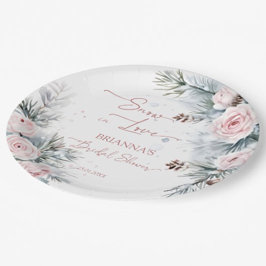 雪の愛に満ちた雪の松の冬のブライダルシャワー ペーパープレート (アングル)