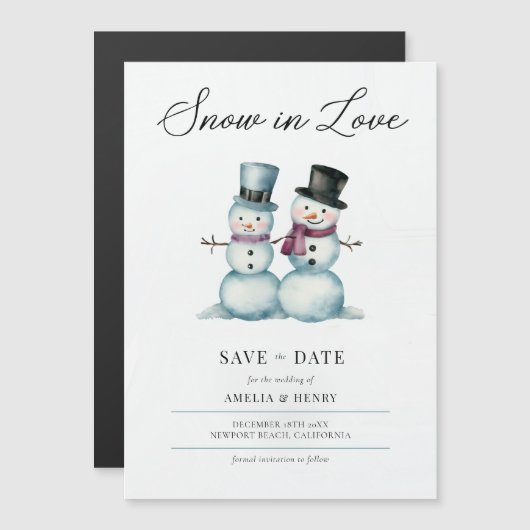 雪の愛の冬おもしろいの結婚式の日付を保存 マグネット招待状 (正面/裏面)