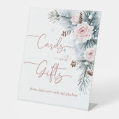 雪の愛の冬のブライダルシャワーギフトテーブルサイン 台座サイン (正面)