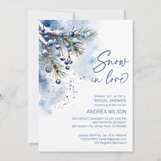 雪の愛の冬のブライダルシャワーテンプレート 招待状 (正面)