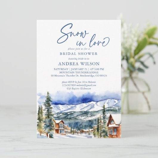 雪の愛の冬のブライダルシャワー山村 招待状 (スタンド正面)