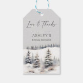 雪の愛の冬の松のブライダルシャワーの好意 ギフトタグ (正面)