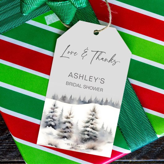 雪の愛の冬の松のブライダルシャワーの好意 ギフトタグ