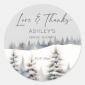 雪の愛の冬の松のブライダルシャワーの好意 ラウンドシール (正面)
