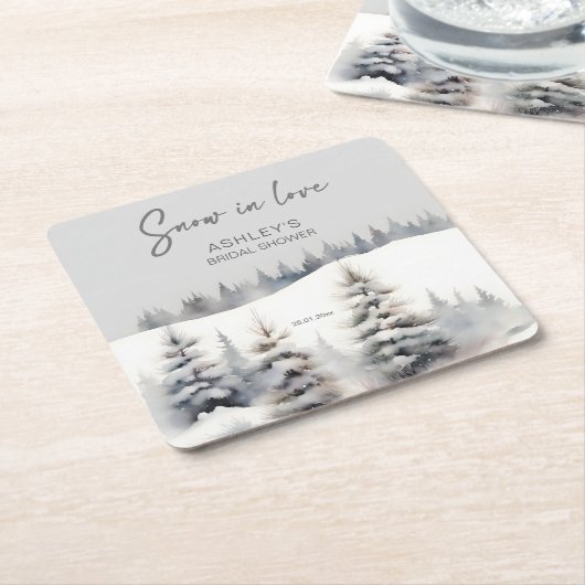 雪の愛の冬の松の森ブライダルシャワー スクエアペーパーコースター (アングル)