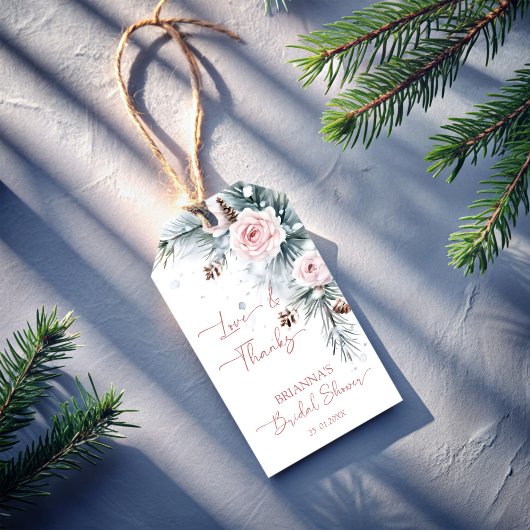 雪の愛の松の冬のブライダルシャワー好意 ギフトタグ