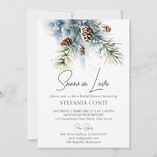 雪の愛の松冬のブライダルシャワー 招待状 (正面)