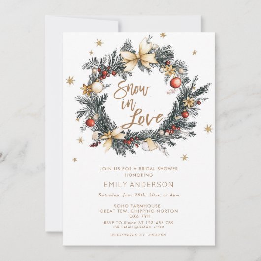 雪の愛の雪の上にブライダルシャワー招待 招待状 (正面)