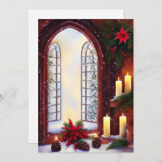 雪の教会の窓の予算ミニクリスマス シーズンカード (正面/裏面)