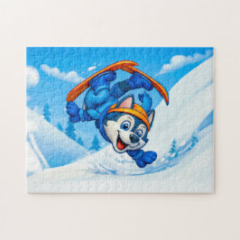雪の斜面でスキー回転するハスキー ジグソーパズル