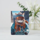 雪の斜面をスキーする猫をカスタマイズ ポストカード (スタンド正面)