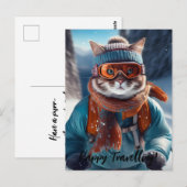 雪の斜面をスキーする猫をカスタマイズ ポストカード (正面/裏面)