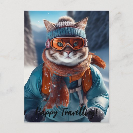 雪の斜面をスキーする猫をカスタマイズ ポストカード (正面)