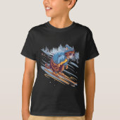 雪の斜面を滑り降りるスキー猫が面白い Tシャツ (正面)