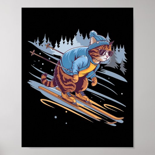 雪の斜面を滑るスキー猫が面白い ポスター (正面)