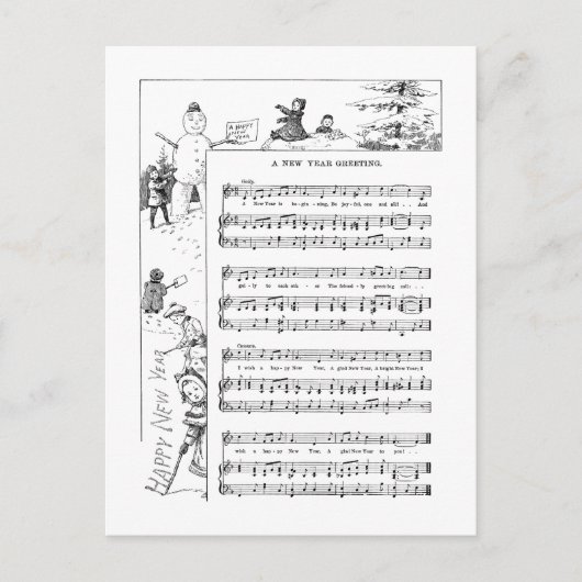 雪の新年の歌で遊んでいる子供 シーズンポストカード (正面)