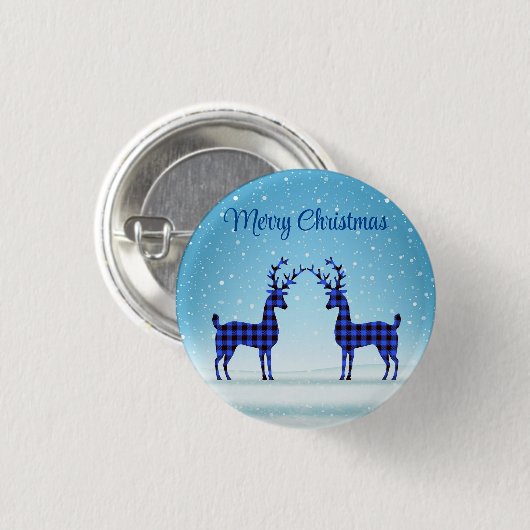 雪の日と青い格子縞トナカイ 缶バッジ (正面&裏面)