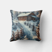 雪の日のクリスマスに冬のログキャビン クッション (裏面)