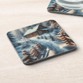 雪の日のクリスマスに冬のログキャビン コースター (左側)