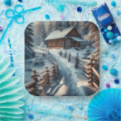 雪の日のクリスマスに冬のログキャビン ペーパープレート (パーティー)