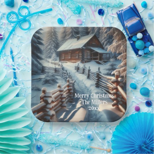 雪の日のクリスマスに冬のログキャビン ペーパープレート (パーティー)