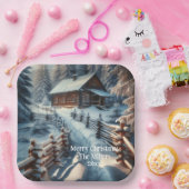 雪の日のクリスマスに冬のログキャビン ペーパープレート (パーティー)