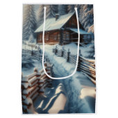 雪の日のクリスマスに冬のログキャビン ミディアムペーパーバッグ (裏面)