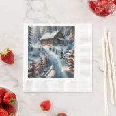 雪の日のクリスマスに冬のログキャビン 縁ありランチョンナプキン (インサイチュ)