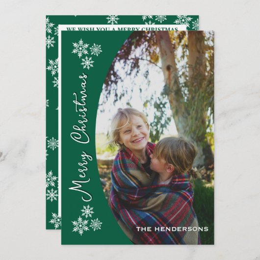 雪の日の写真コラージュのクリスマスカード | Green シーズンカード (正面/裏面)