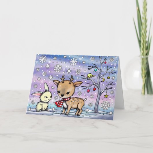 雪の日の小さな鹿とウサギのホリデーカード カード (正面)