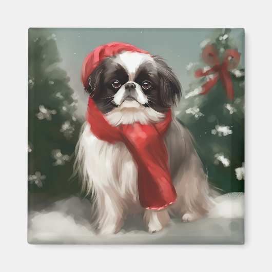 雪の日の日本狆 クリスマス マグネット (正面)