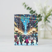 雪の日の街のクリスマスショッピング シーズンポストカード (スタンド正面)