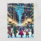 雪の日の街のクリスマスショッピング シーズンポストカード (正面)