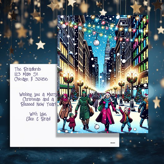 雪の日の街のクリスマスショッピング シーズンポストカード