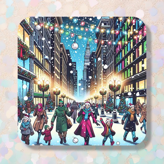 雪の日の街のクリスマスショッピング スクエアシール