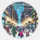 雪の日の街のクリスマスショッピング ラウンドシール (正面)