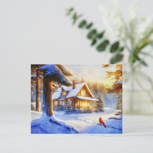 雪の日の（鳥）ショウジョウコウカンチョウ ポストカード (スタンド正面)