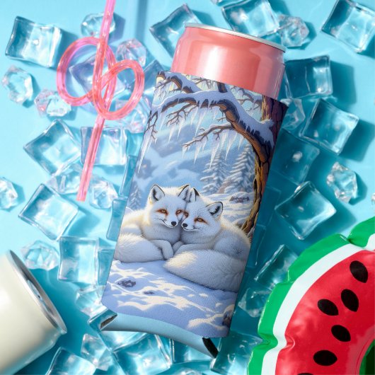 雪の日を楽しむ冬の狐たち  スリム缶クーラー (インサイチュ 夏)