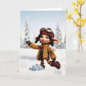 雪の日を楽しむ カード (黄色い花)