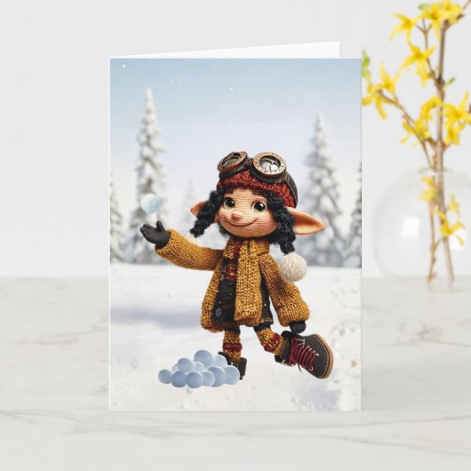 雪の日を楽しむ カード (黄色い花)