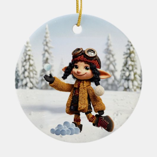 雪の日を楽しむ セラミックオーナメント (正面)