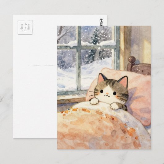 雪の日ベッドで温まる美猫 ポストカード (正面/裏面)