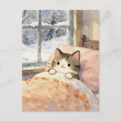 雪の日ベッドで温まる美猫 ポストカード (正面)
