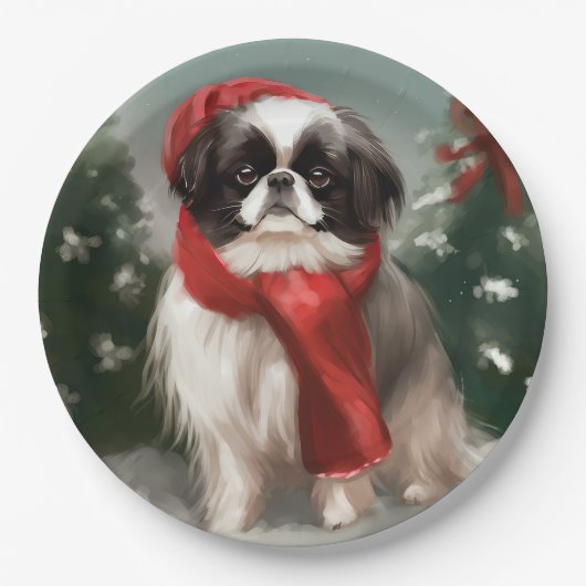 雪の日本のクリスマスに愛犬 ペーパープレート (正面)