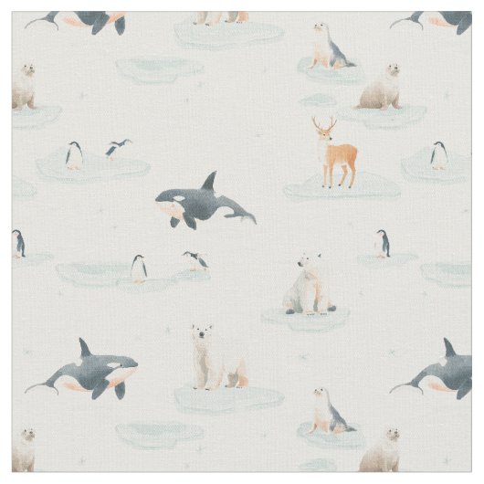 雪の日 - 北極の動物たちの冬の保育園 ファブリック (クローズアップ)