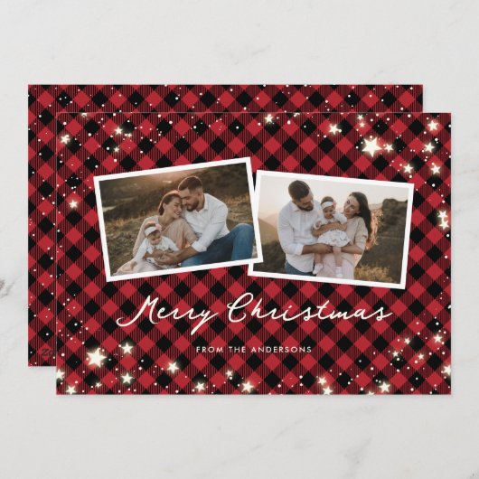 雪の星スクリプトレッドプレイド2写真クリスマス シーズンカード (正面/裏面)
