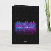 雪の星空の夜の神秘的な青い紫の森 シーズンカード (裏面)