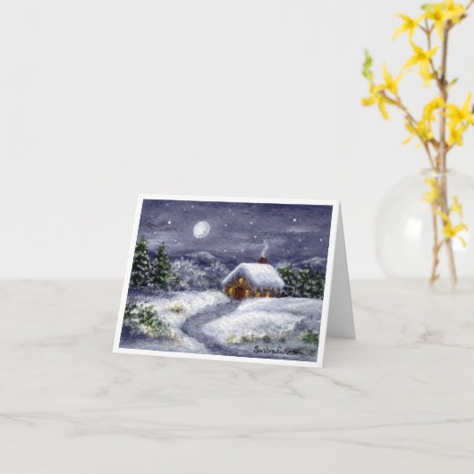 雪の月の冬のコテージ風景アートノートカード カード (黄色い花)