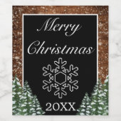 雪の木々が並ぶ森林の地方の楽しいクリスマス雪の結晶 ワインラベル (シングルラベル)